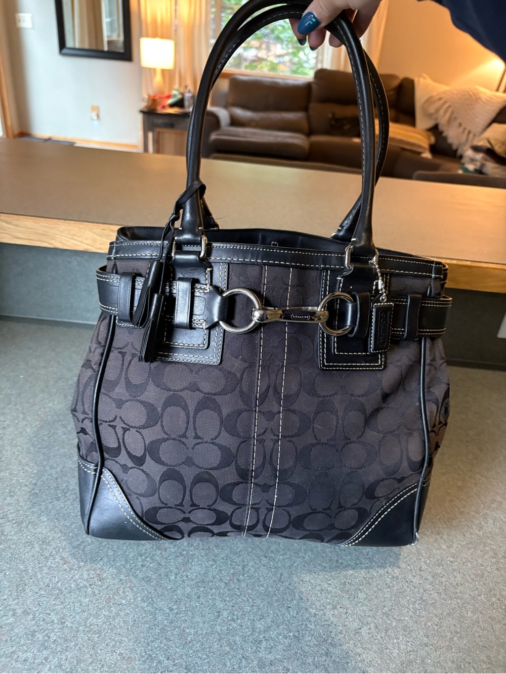 Coach Dark Brown Signature Canvas Tote with Leather Trim